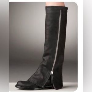 Miu Miu Black Leather Fold Over Side Zip Slouchy Knee-High Low Heel Boots 6.5